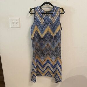 Chevron Pattern Sleeveless Dress - Blue and Gold assymetric hem
